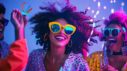 Lively New Year's party with vibrant decorations, colorful outfits, and neon lights creating an energetic and fun celebration