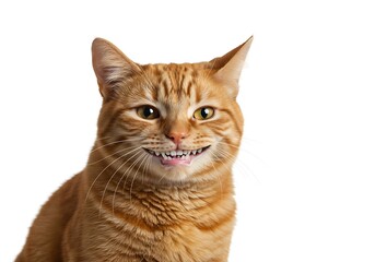 Obraz premium Close-up of an orange tabby cat with a funny expression, showing its teeth, against a white background.