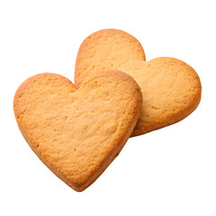 Two golden brown heart shaped cookies with a textured surface isolated on transparent background