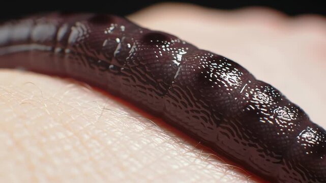 leech attached to human ankle in murky river water, body pulsing as it feeds