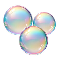 Three iridescent soap bubbles with rainbow reflections floating together isolated on transparent background