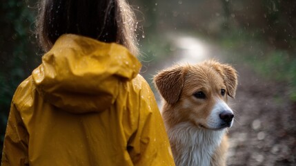 Person wearing a yellow raincoat, standing in the rain. the person is facing away from the camera, with their back towards the camera.