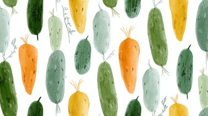 Seamless pattern of different types of cucumbers and carrots. the cucumbers are of different sizes and shapes, with some being green, some being orange, and some being yellow.