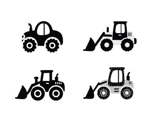 Four stylized cartoon illustrations of different construction vehicles including a loader and a bulldozer in black and white