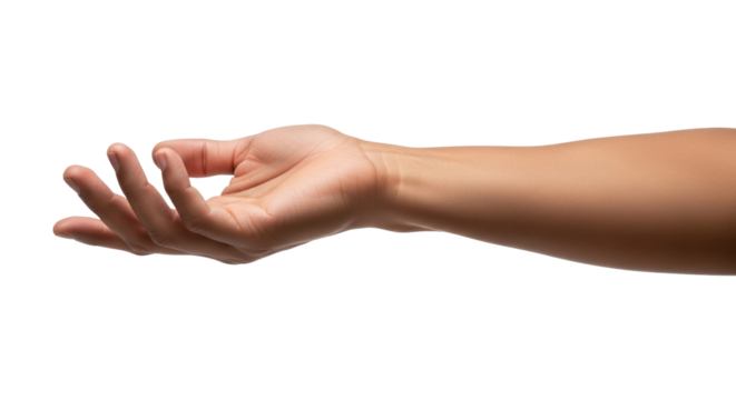 Isolated, open hand offering something. Ready to receive or catch gesture, closeup view