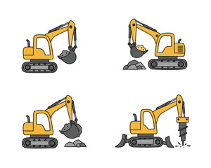 Four yellow mini excavators in different poses showing digging rocks and breaking ground with jackhammer on white background
