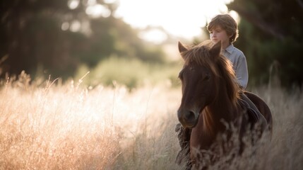Young boy riding a brown horse in a field. the boy is wearing a white shirt and blue jeans, and his hair is blowing in the wind.