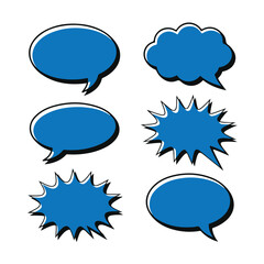 Collection of six blue speech bubbles and thought bubbles isolated on white background technology background