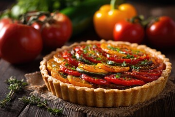 Rustic vegetable tart with sliced tomatoes, zucchini, and bell peppers
