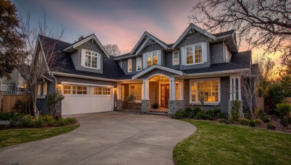 Elegant, modern house at dusk