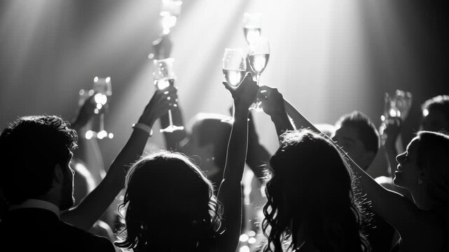 Black and white New Year's party with high contrast showing guests' expressions and movement under dramatic lighting and shadows