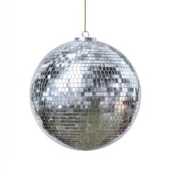 Silver Disco Ball Hanging on String White Background