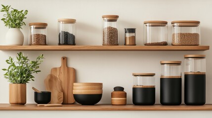 Modern kitchen shelves with glass jars and wooden containers for storage and decoration.