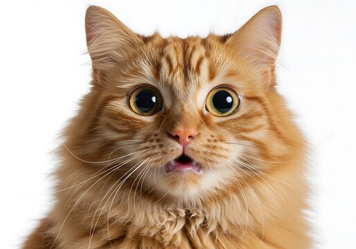 A close-up portrait of a fluffy ginger cat with wide, surprised eyes and an open mouth against a white background. - Powered by Adobe