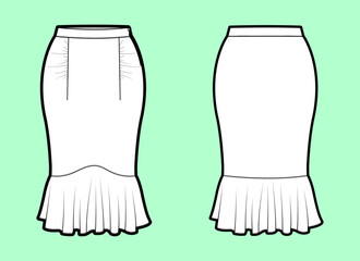 Shaped Yoke Pencil Skirt with Darts and Gathered Flounce Hem Technical Flat Sketch
