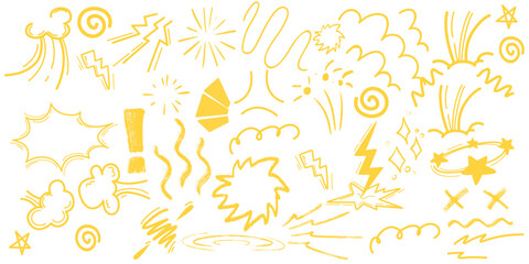 Yellow Hand-Drawn Comic Icons Effects Doodles – Cartoon Explosion, Motion Lines, Pop Art Elements & Abstract Sketch Icons