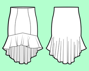 Paneled Hi-Low Hem Skirt with Mermaid Silhouette and Gathered Flounce Technical Flat Sketch
