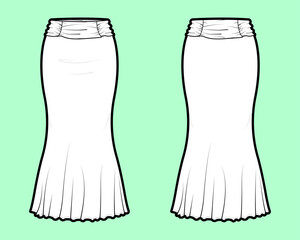 Maxi Mermaid Skirt with Shirred Elasticised High Waistband Technical Flat Sketch