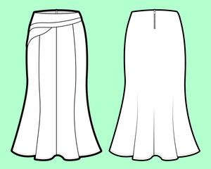 Tailored Panel Skirt with Asymmetrical Drape Yoke and Flared Hem Technical Flat Sketch