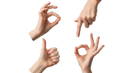 Isolated human hands gesturing good, ok, pointing and pinch, expressing feelings and emotions