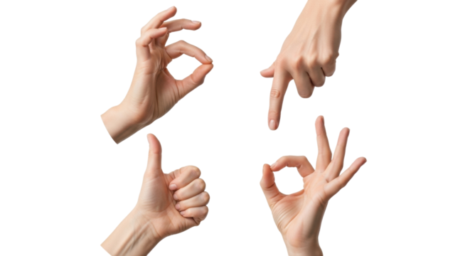 Isolated human hands gesturing good, ok, pointing and pinch, expressing feelings and emotions