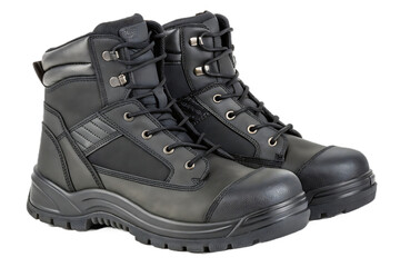 Pair of black safety work boots on transparent background