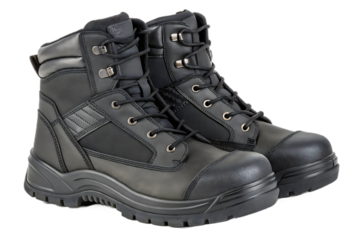 Pair of black safety work boots on transparent background