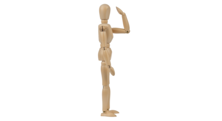 Isolated mannequin standing up, wood material, figurine salute, pose, single view, wood