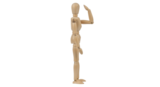Isolated mannequin standing up, wood material, figurine salute, pose, single view, wood