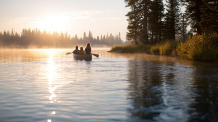 Group of three people in a canoe on a calm lake. the lake is surrounded by trees and shrubs on both sides, and the sun is setting in the background, casting a warm glow over the scene.