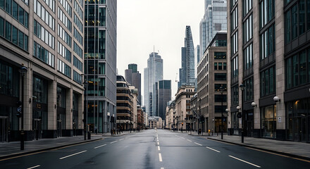 Modern cityscape with towering glass skyscrapers and empty street, conveying urban progress and professional ambition for business concepts