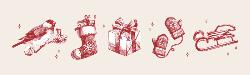 Christmas hand drawn holiday set. Elegant vintage design. Vector sketch illustration.
