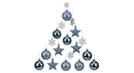 Isolated arrangement of holiday ornaments simulating tree shape, festive still life