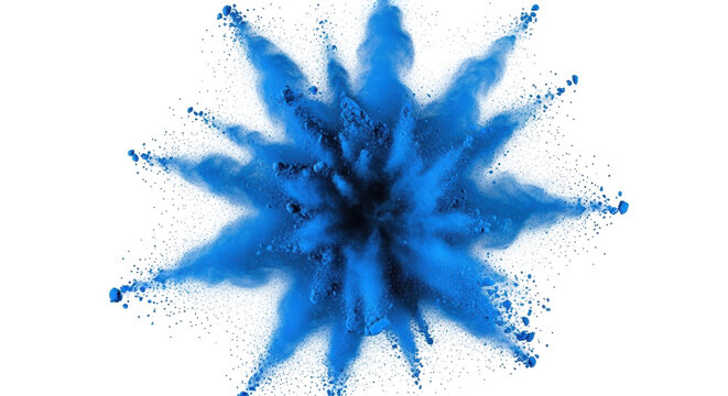 Isolated abstract blue powder explosion with high speed freeze motion to stop movement