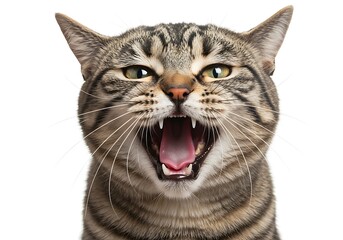 Close-up portrait of a striped tabby cat with its mouth wide open, showing its teeth and tongue.