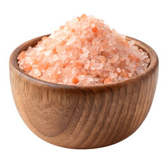 A rustic wooden bowl filled with coarse pink himalayan sea salt crystals isolated on transparent background