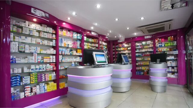 A Modern Pharmacy Interior Featuring Colorful Shelving and High-Tech Checkout Stations for Pharmaceutical Products and Health Supplies