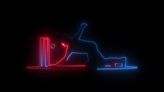 Red blue neon glowing cricket Wicket Keeper person icon diving near stumps with ball in play, on a black background.