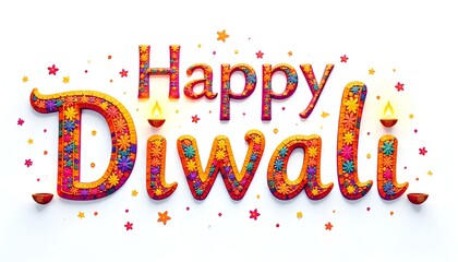 Colorful “Happy Diwali” text decorated with floral patterns and glowing diyas on a white background celebrating the festival of lights.
