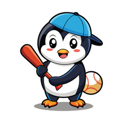 3d penguin wearing baseball cap with ball cartoon illustration