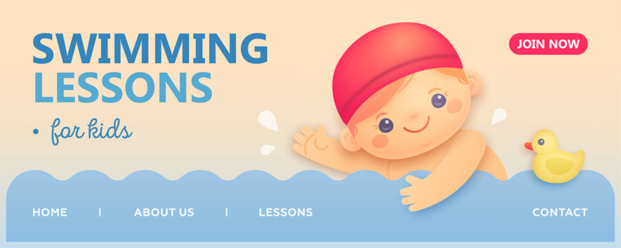 Swimming lessons for kids. Children swimming classes background with 3d baby boy. Swimming training concept or landing. Poster, banner, flyer design template, social media post. Vector Illustration