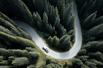 Lonely Truck on Forest Road from Above