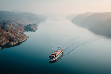 Cargo Ship Passing Through Narrow Channel