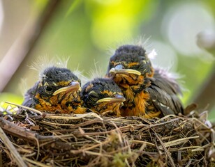 Baby Birds in Nest Close Up.