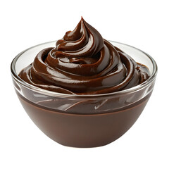 Rich dark chocolate pudding swirled high in a clear glass bowl isolated on transparent background