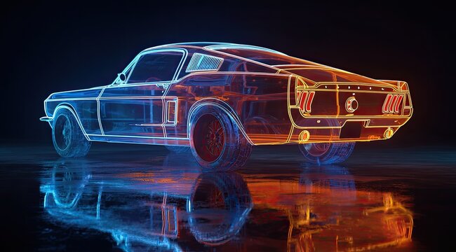 Neon-lit,  wireframe classic car,  reflective surface