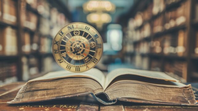 An antique book with an antique clock in a library symbolizes knowledge, time and history, ideal for publications about literature, education, history and cultural heritage.