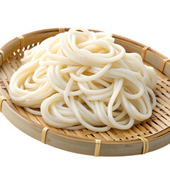 A close up of thick white udon noodles piled on a bamboo woven plate isolated on transparent background