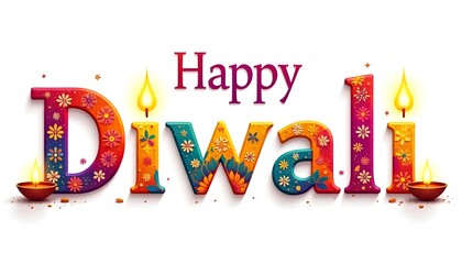 Colorful “Happy Diwali” text decorated with floral patterns and glowing diyas on a white background celebrating the festival of lights.
