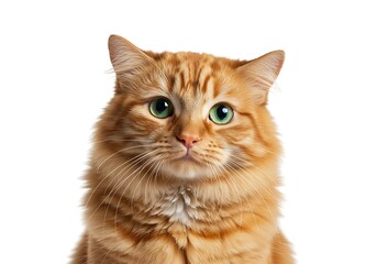 A beautiful long-haired ginger cat with large, expressive green eyes looking forward on a white background.